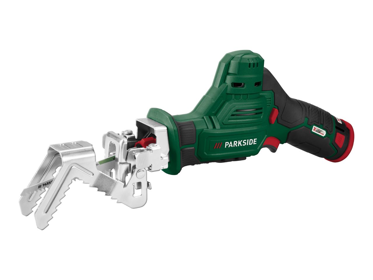 Cordless reciprocating saw with a branch holder attachment