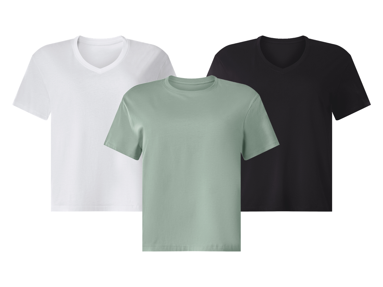 Tri majice kratkih rukava: bijela V-izreza, zelena okruglog izreza i crna V-izreza.