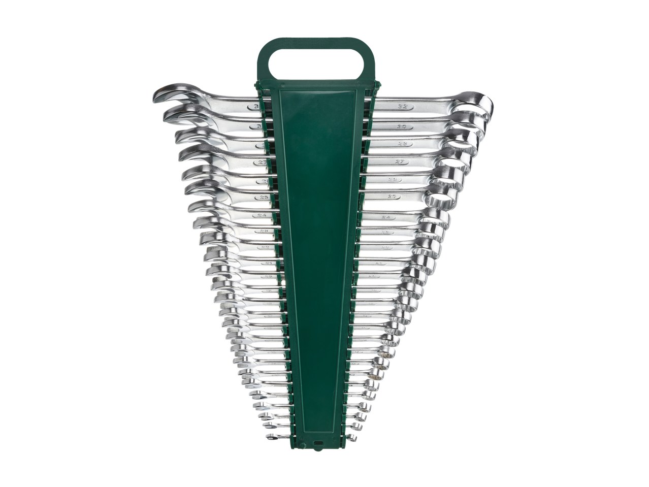Parkside® kombinuotų raktų rinkinys žaliame laikiklyje, nuo mažų iki didelių dydžių.