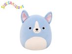 A light blue plush toy dog with pink ears and a white snout, with the word 'SQUISHMALLOWS' above it.