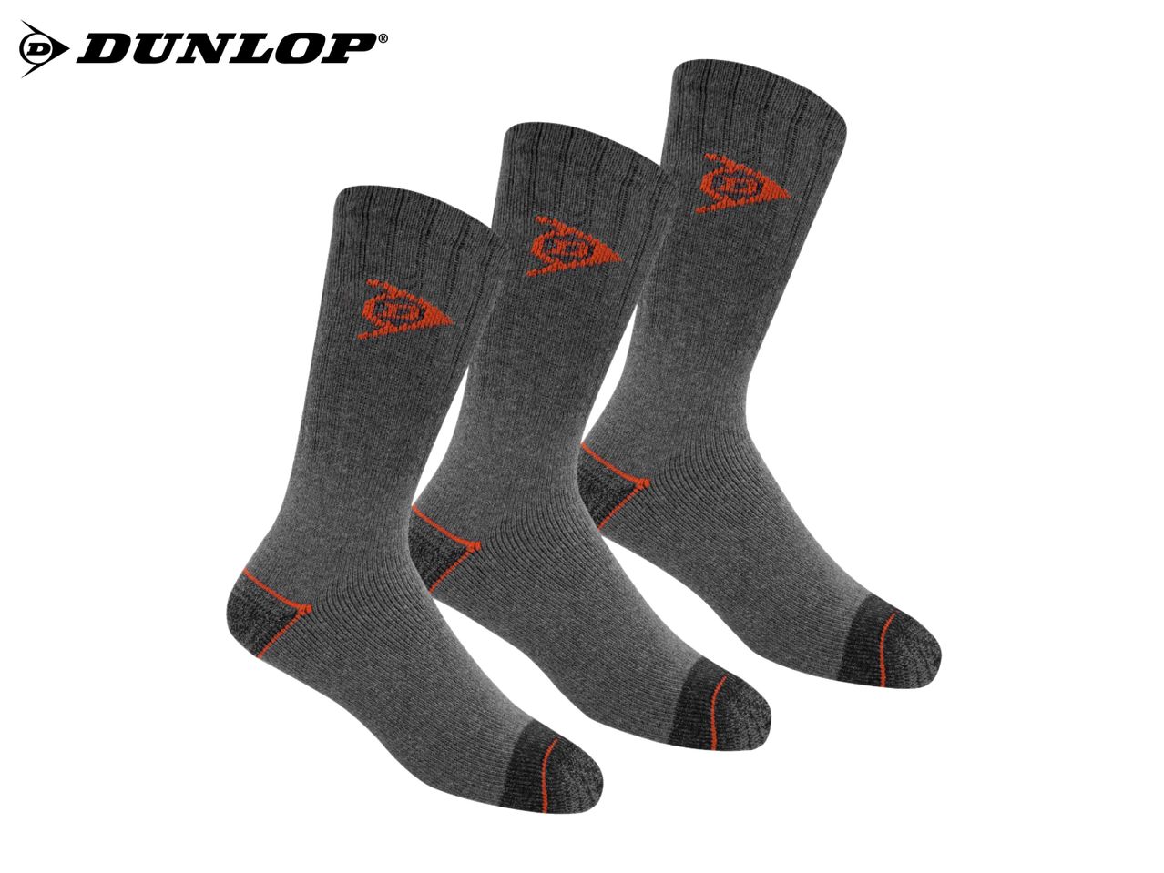 Three pairs of grey socks with orange accents and a triangular logo.