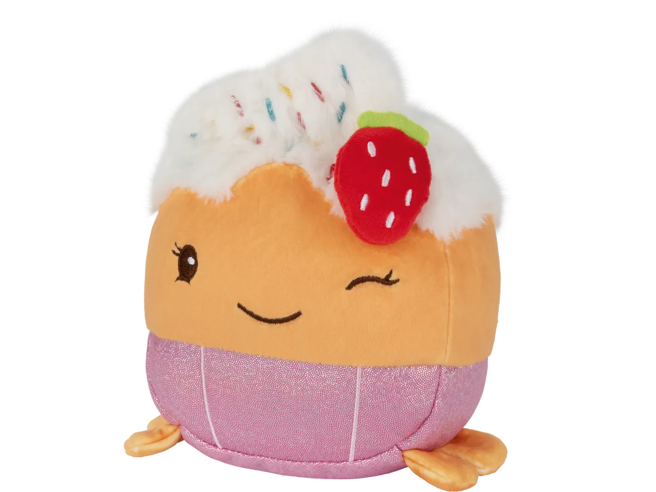 A plush toy shaped like a cupcake with a strawberry on top, featuring a winking face.