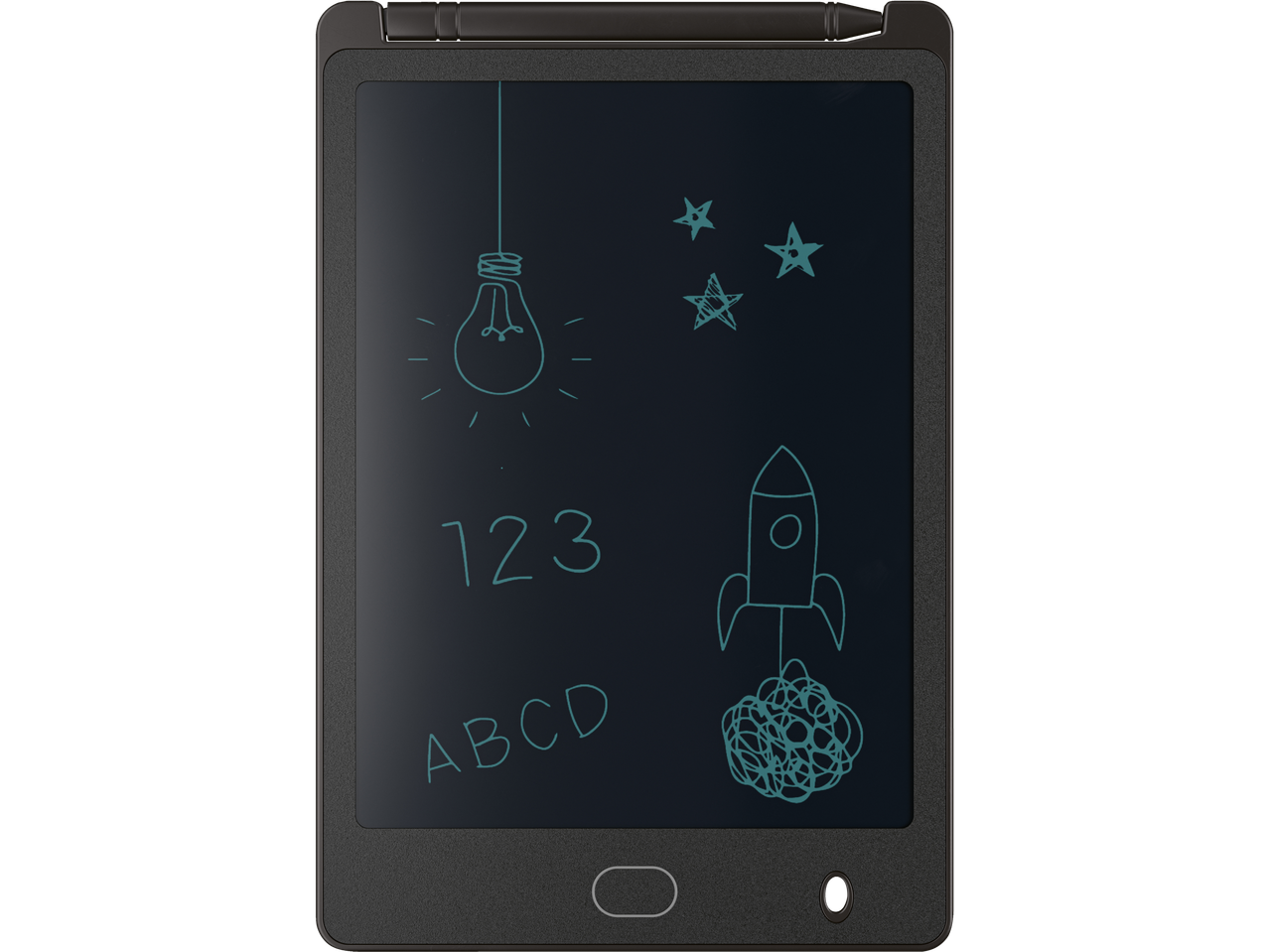 Ένα LCD tablet γραφής σκούρο γκρι με σχέδια μιας λάμπας, αστέρια, αριθμούς και γράμματα.