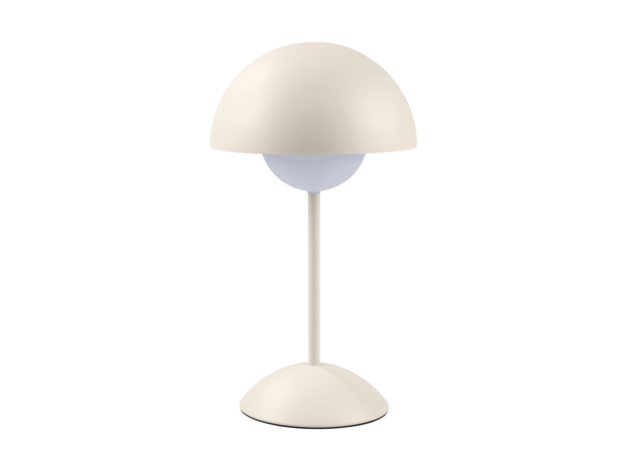En cremefarvet bordlampe med en kuppelformet skærm og base på en sort baggrund.