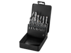 Комплект свредла за бетон и метал в черна метална кутия, с размери от 3 до 10 мм.