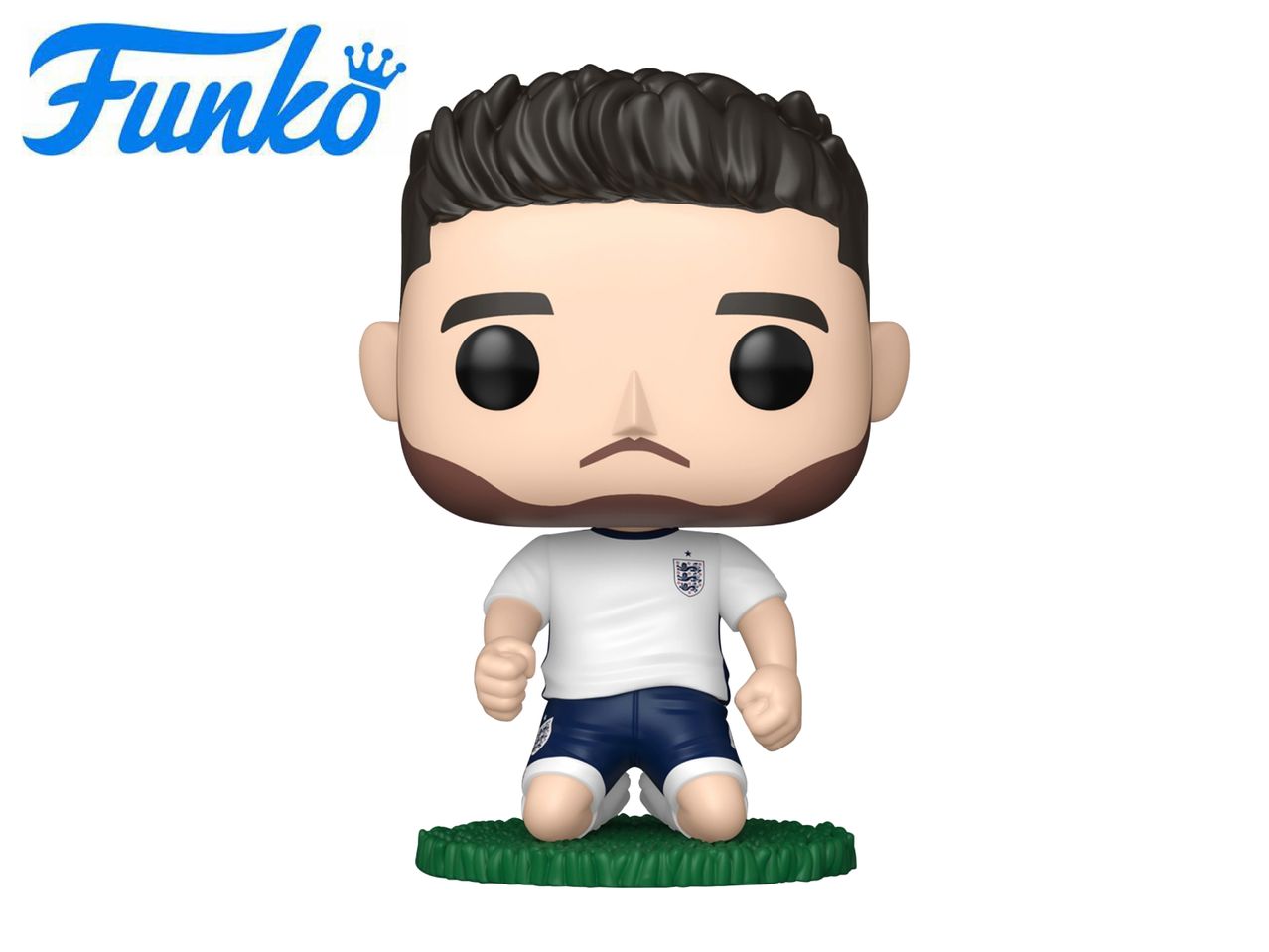 Collectible figure of a male soccer player in a white and blue uniform, kneeling on green grass.