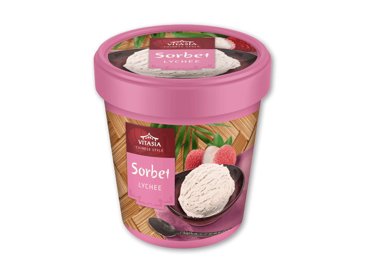 Bæger med lyserød låg og etiket med lychee-sorbet, lychee-frugter og grønne blade.