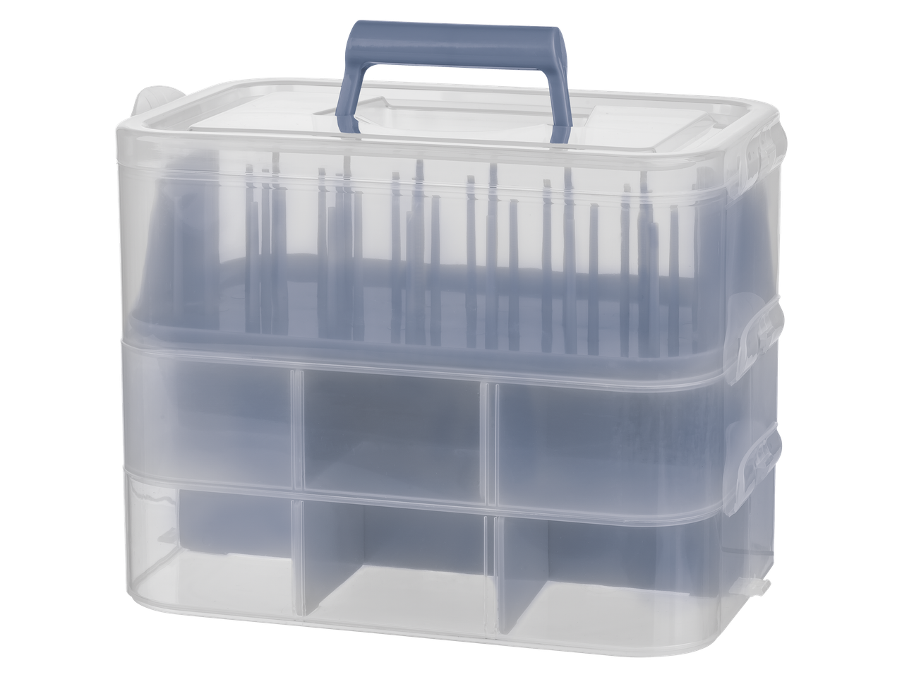 Crelando® siuvimo dėžutės rinkinys su trimis permatomais sluoksniais ir mėlyna rankena.