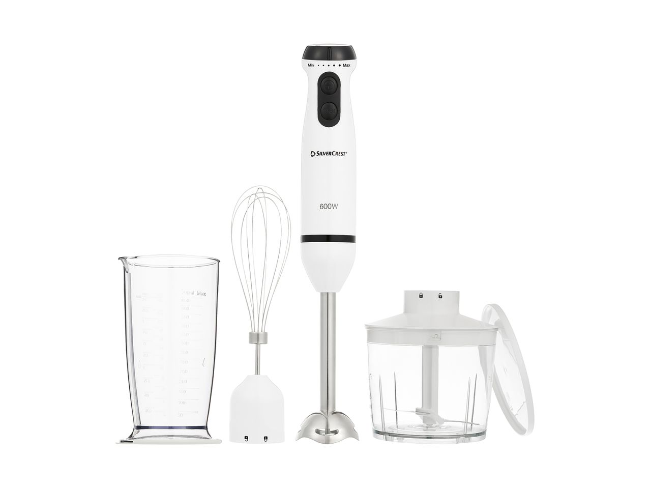 Håndmixer sæt med blenderbeholder og målebæger.