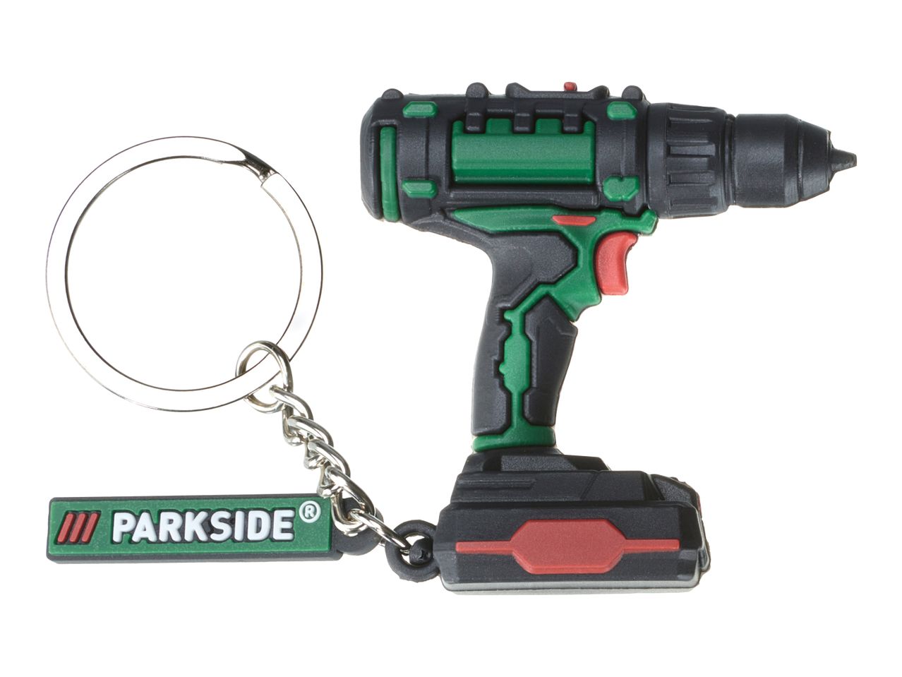 Parkside drill keychain with a miniature drill and logo tag.