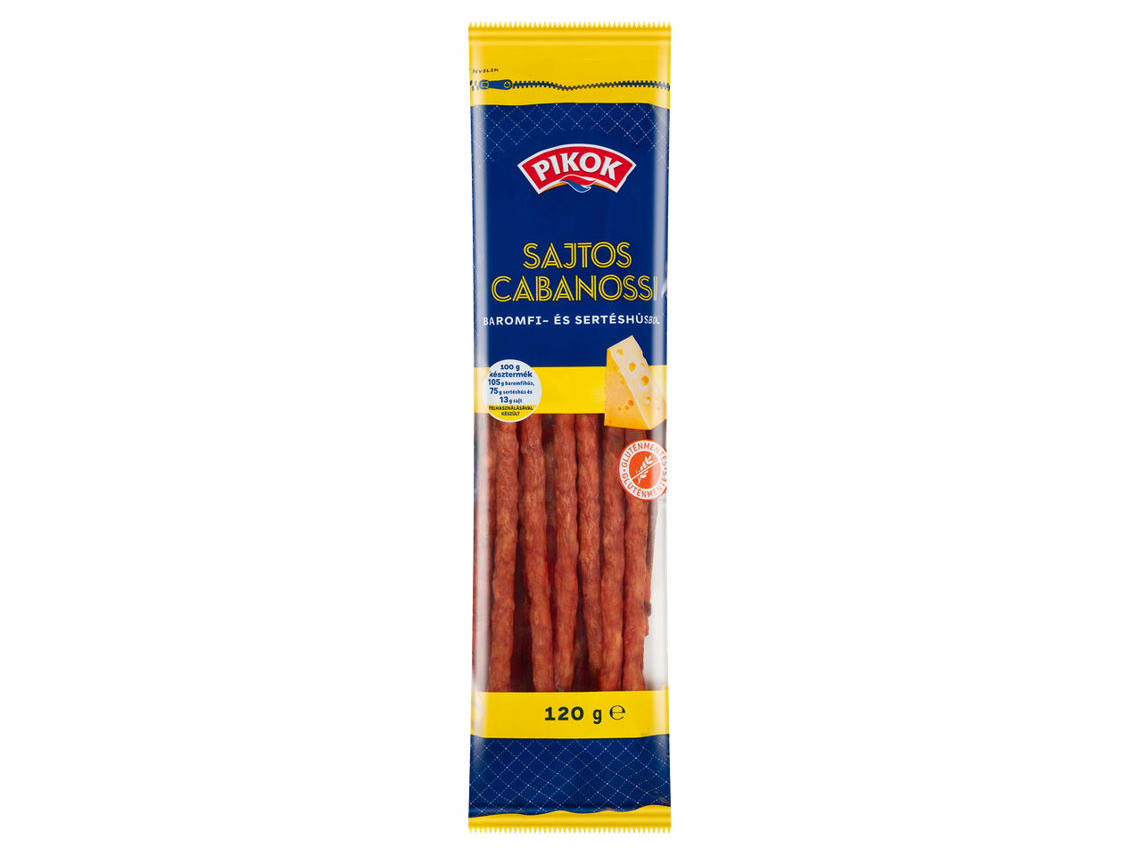 Sajtos cabanossi baromfi- és sertéshúsból, 120 g-os kiszerelésben.