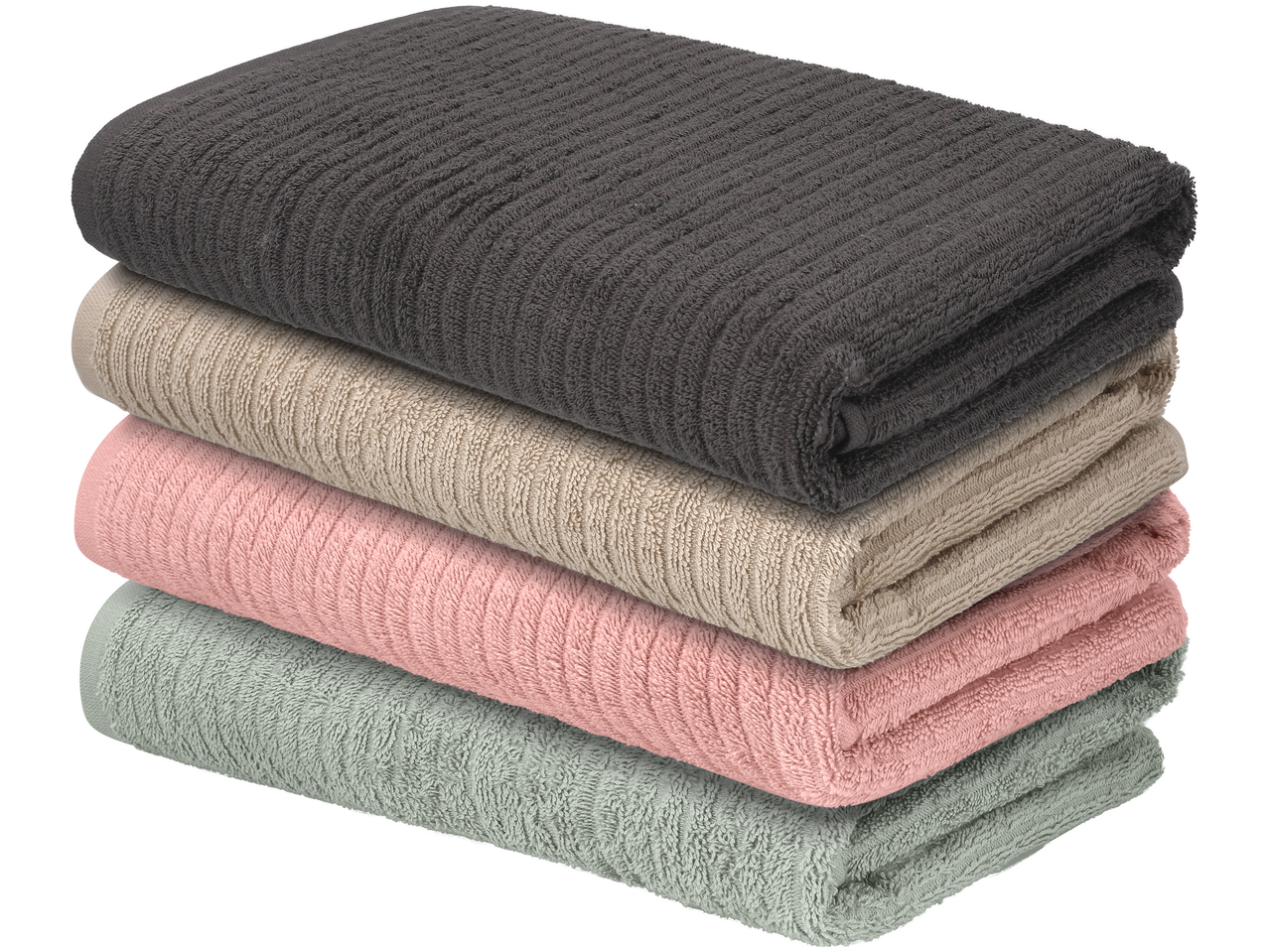 Un teanc de prosoape de baie în culori închise, bej, roz și verde deschis.