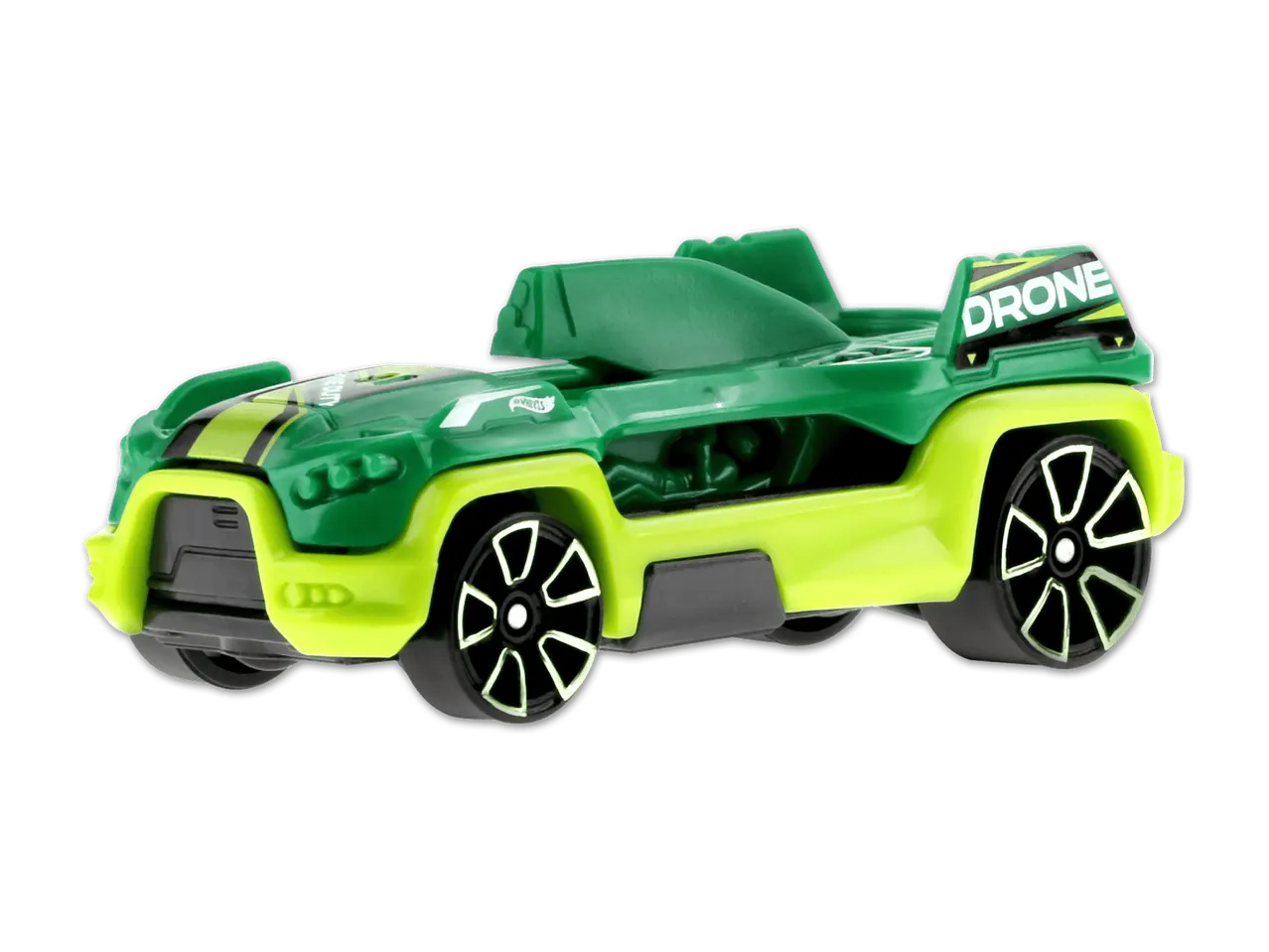 Grünes Spielzeugauto mit der Aufschrift „DRONE“ und schwarzen Streifen.