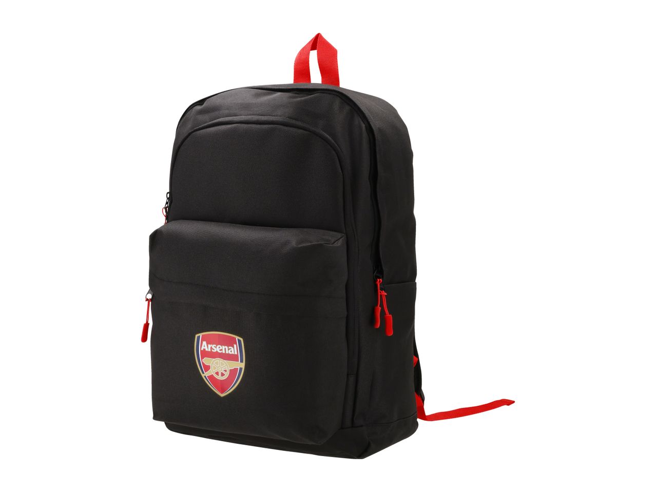 Black backpack with red accents and a football club emblem on the front pocket.