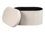 Cream-colored bouclé storage ottoman with a removable lid, open to reveal a black interior.