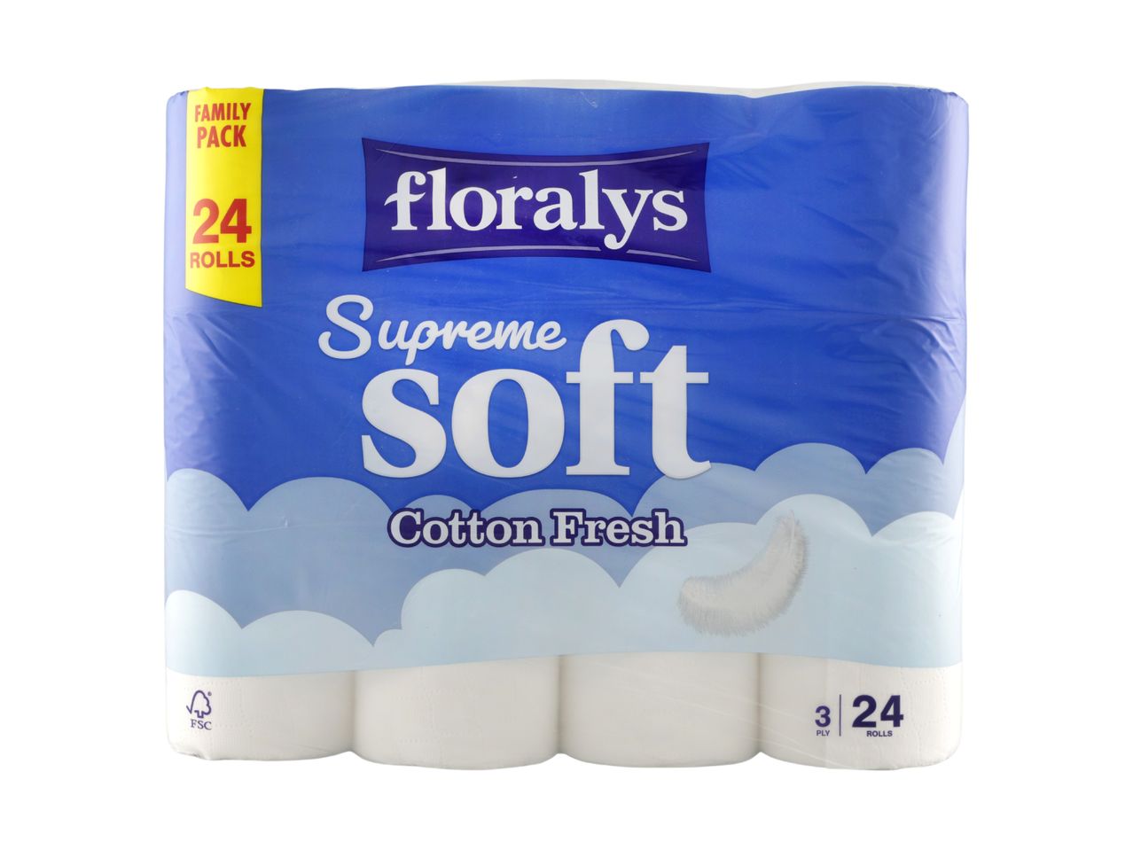A family pack of 24 rolls of 3-ply toilet paper, labeled 'Supreme Soft Cotton Fresh'.