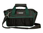 Black and green tool bag with a shoulder strap and top handles.