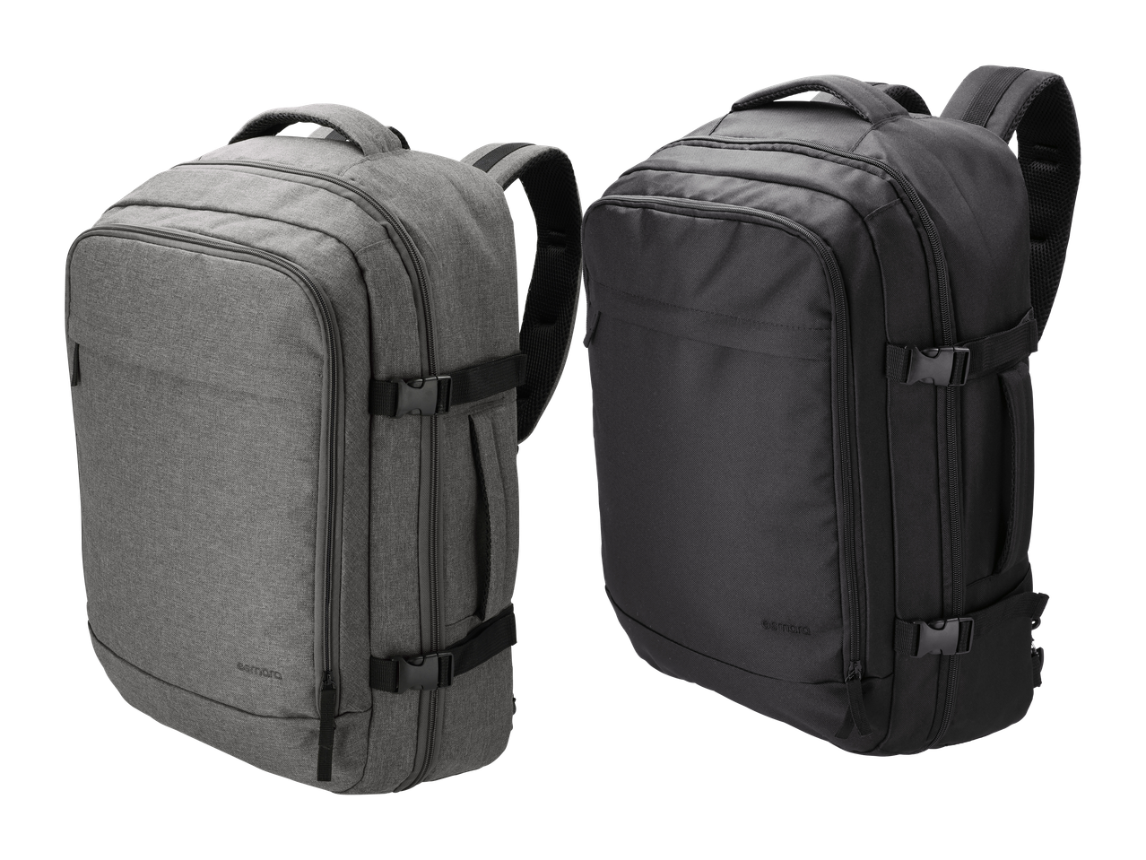 Dva nahrbtnika, eden siv in eden črn, prikazana na črnem ozadju.