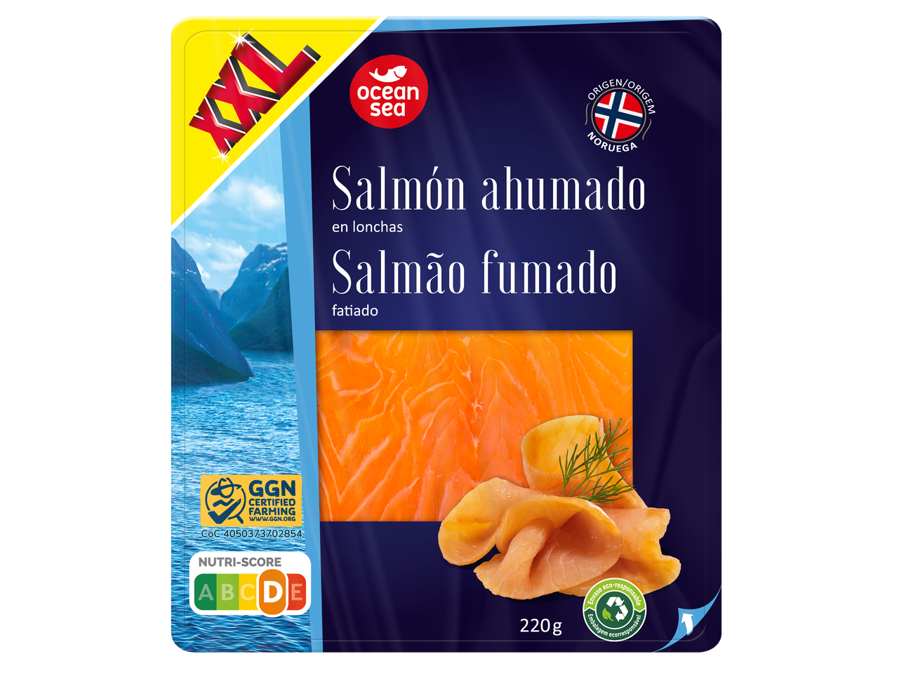 Salmão fumado fatiado Ocean Sea em embalagem de 220g.