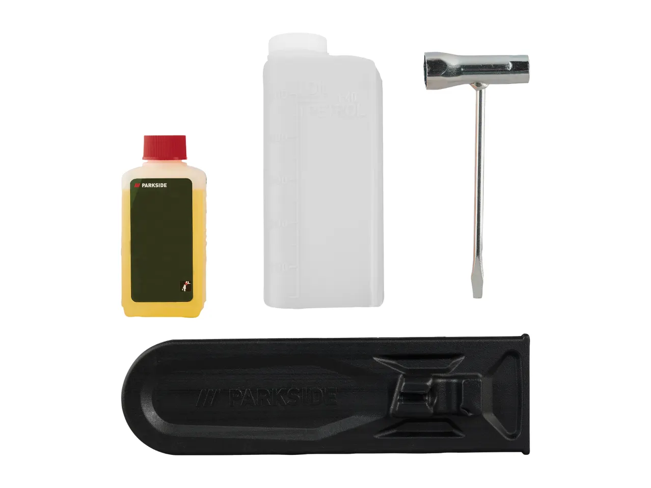 Parkside chainsaw accessories: oil, fuel container, screwdriver, and sheath.