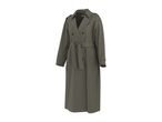 Khaki green double-breasted trench coat with a tie belt.