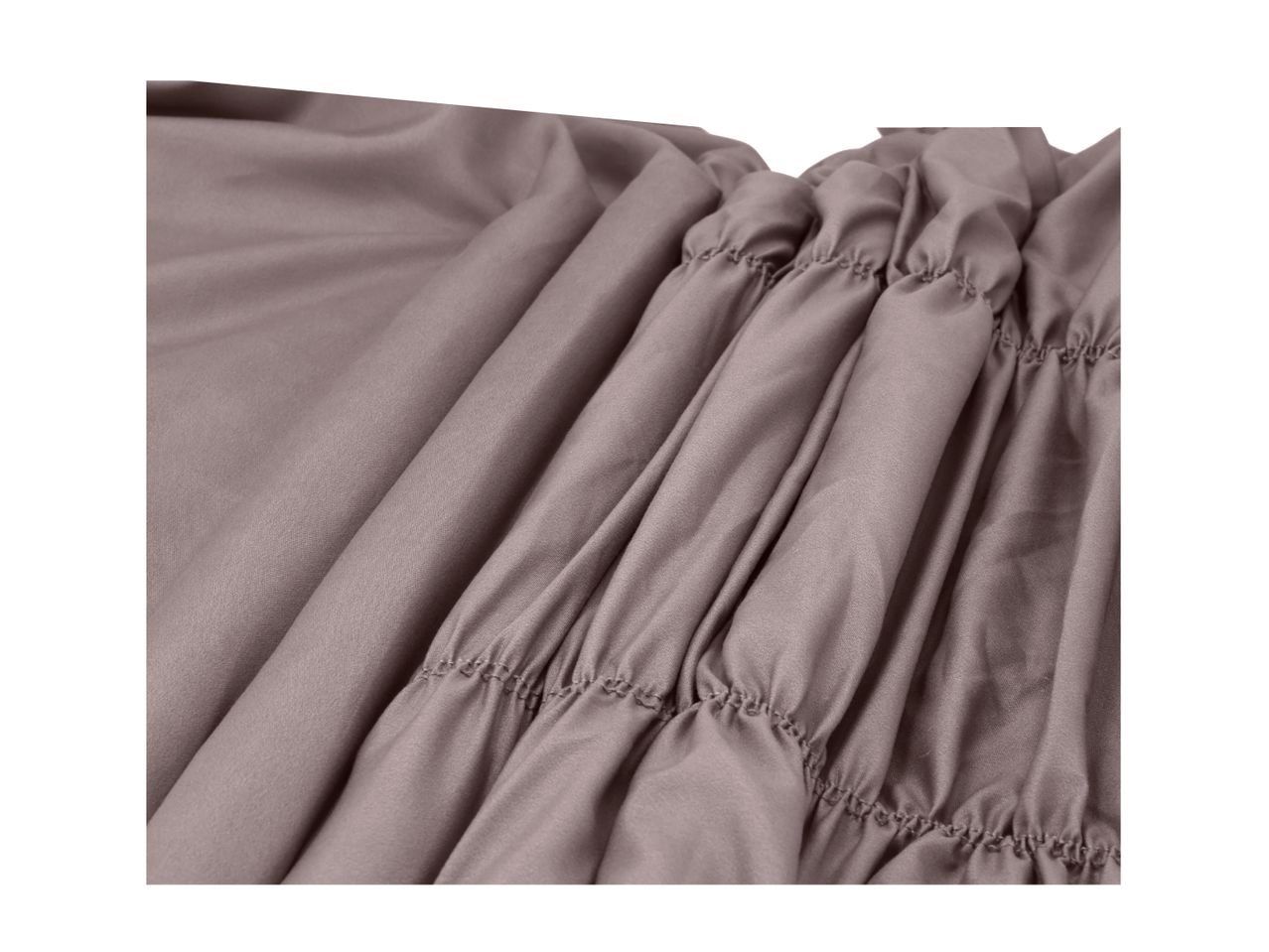 Close-up of gathered taupe fabric with elasticated stitching details