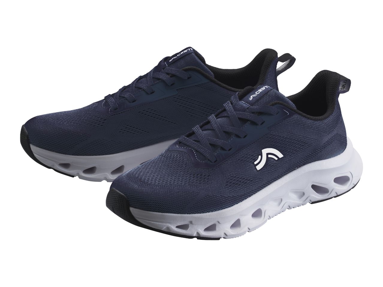 Pair of navy blue athletic shoes with white soles and a white logo on the side.