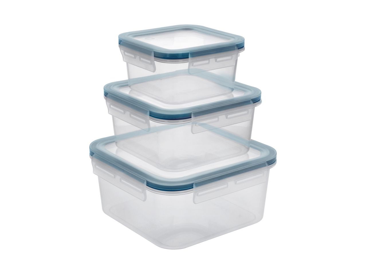 Stack of three clear square food storage containers with blue lids and clasps.