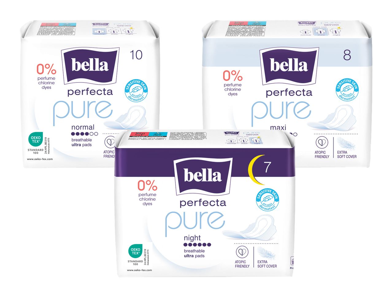 Pachete de absorbante Bella Perfecta Pure, normale, maxi și de noapte.