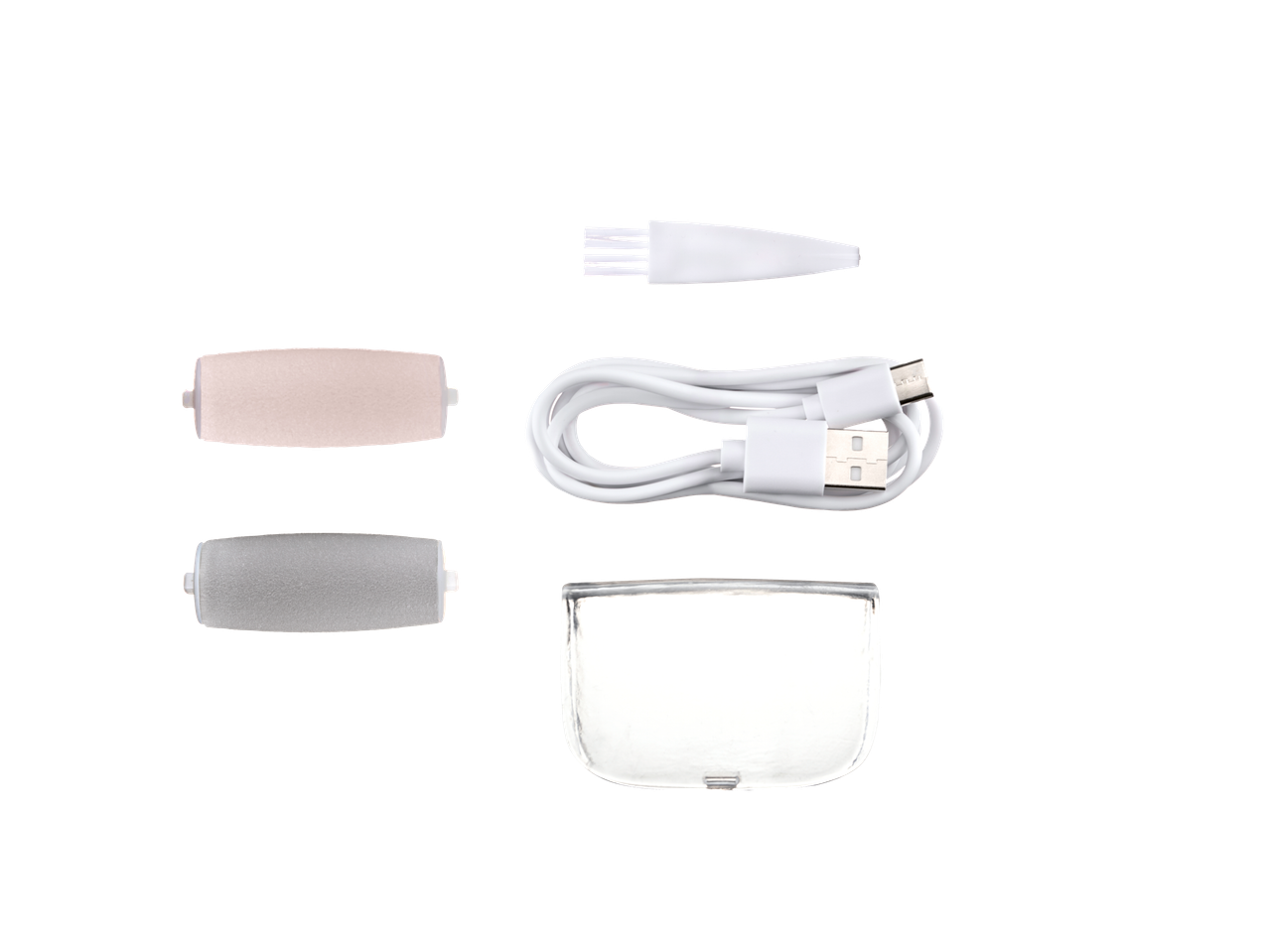 Szépségápolási eszköz alkatrészei: fejek, USB kábel és tok.