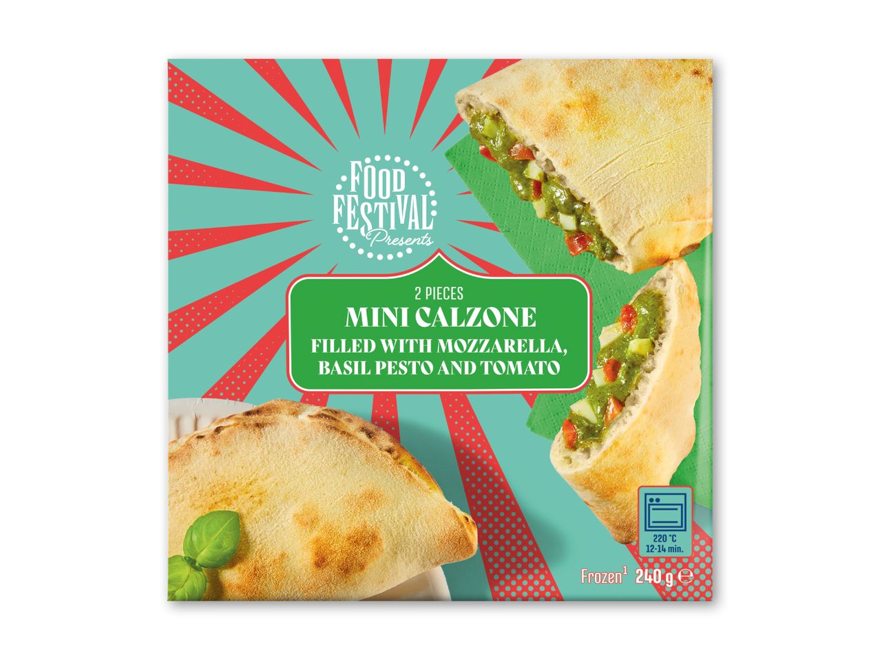 Pakke med to mini calzoner fyldt med mozzarella, basilikumpesto og tomat, klar til ovn.