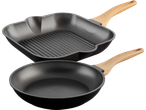 Två stekpannor, en fyrkantig grillpanna och en rund stekpanna, med trähandtag.