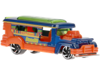 Hot Wheels Road Bandit toy car, blue and orange with colorful stripes and green roof.