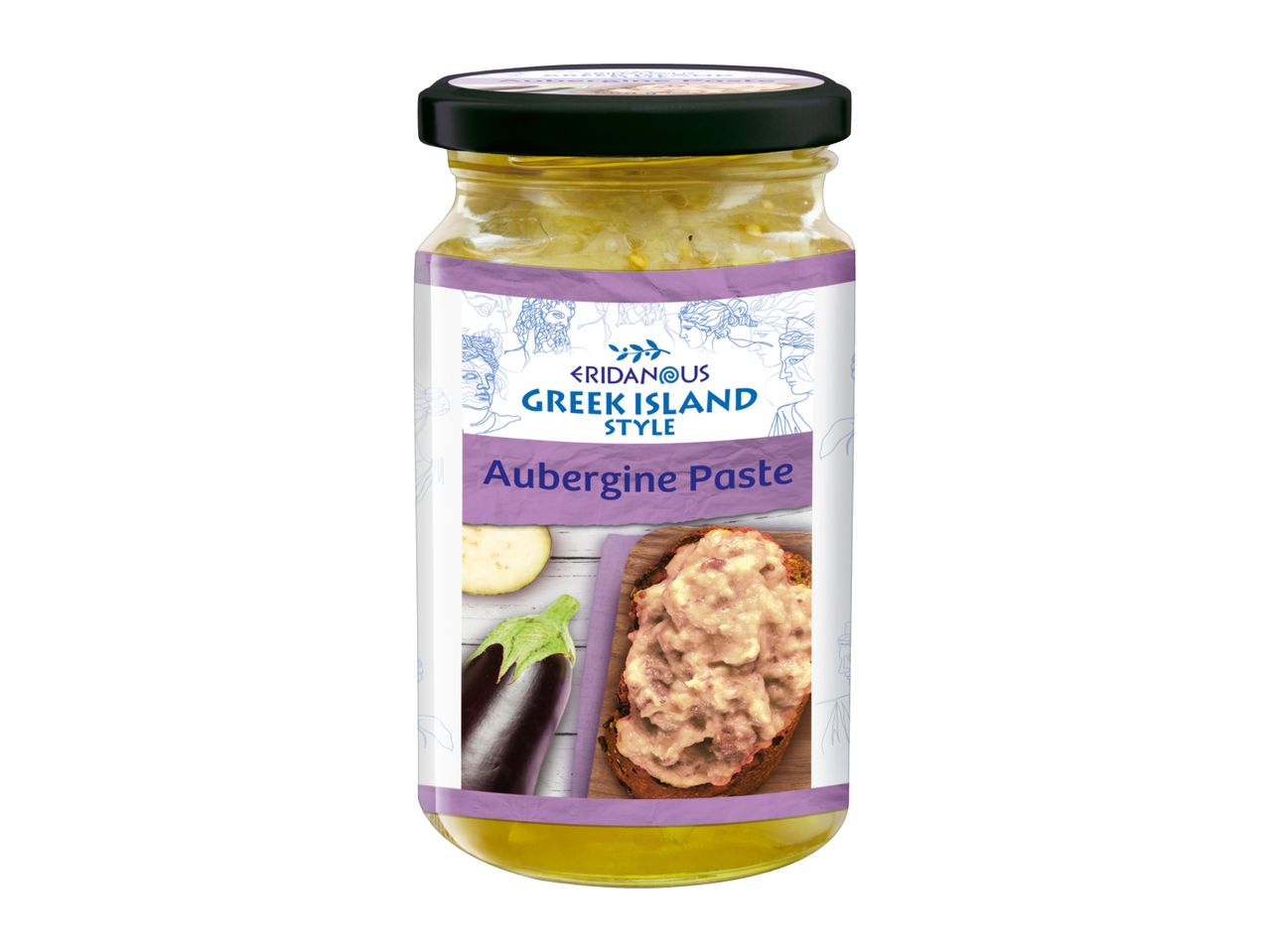 Eridanous Greek Island Style Aubergine Paste in a jar, with an eggplant and toast on the label.