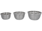 Três tigelas de aço brilhantes em diferentes tamanhos.