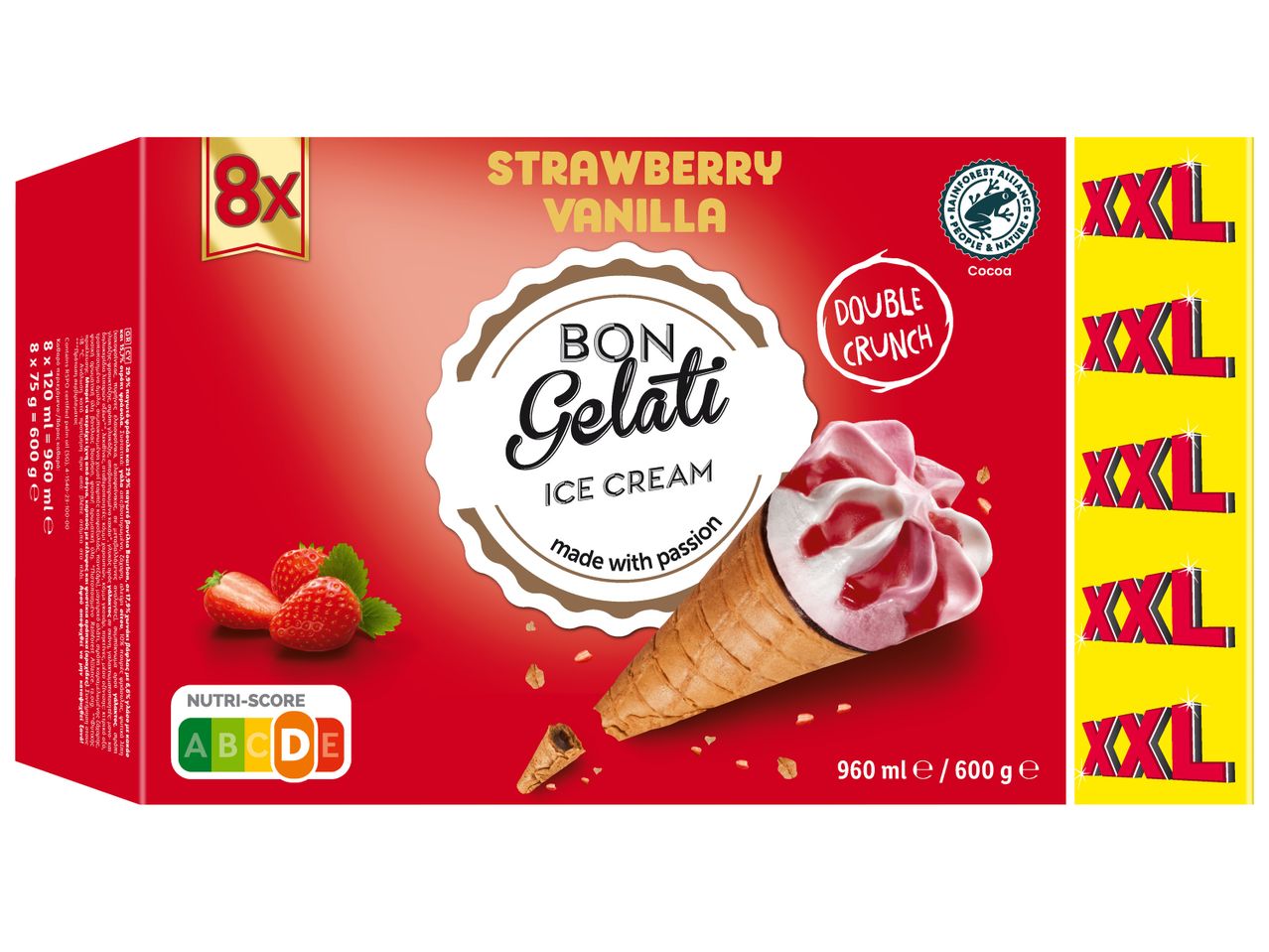 Кутия с 8 броя сладоледи на фунийки с вкус на ягода и ванилия, с надпис XXL.