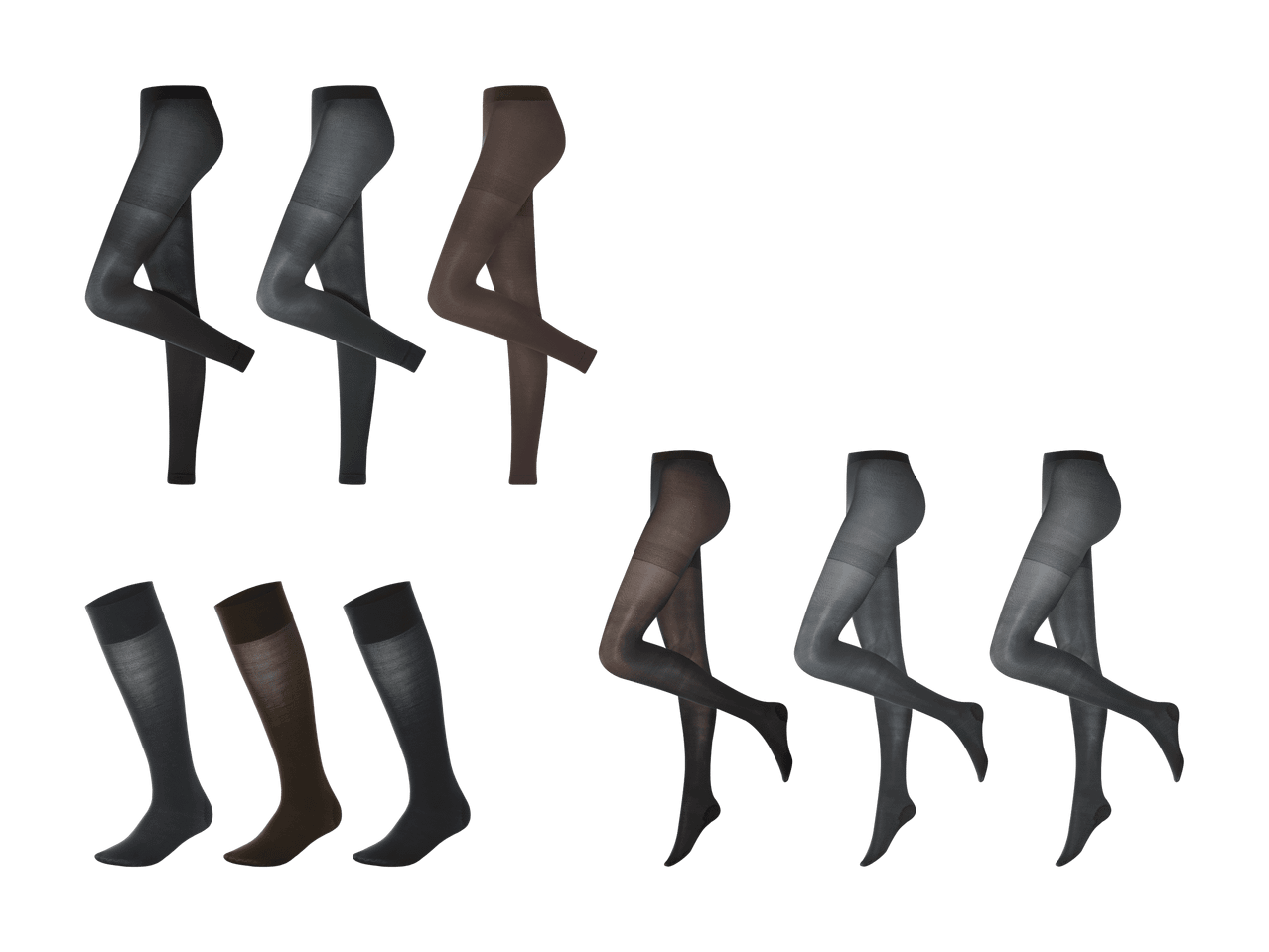 Strumpfhosen und Socken in verschiedenen Grau- und Brauntönen.