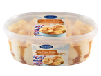 Two tubs of Crème Brûlée flavour ice cream, with scoops of ice cream on the label.