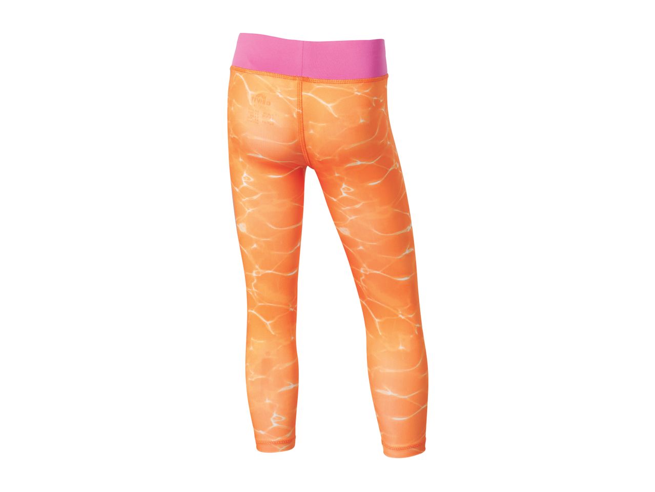Girl's orange and pink leggings with a water ripple pattern.