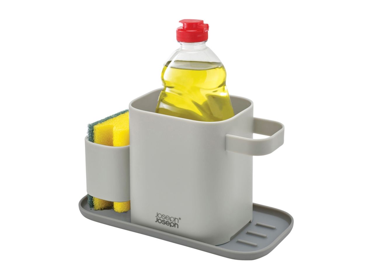 Grey plastic kitchen caddy with dish soap, sponge, and draining tray.