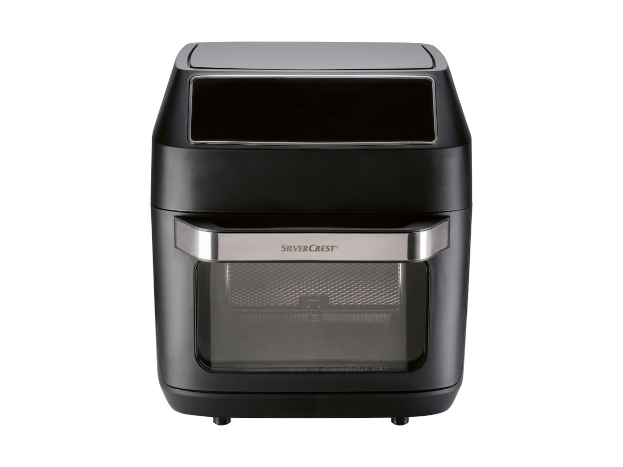 Black air fryer with a transparent window and a silver handle