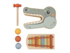 Wooden crocodile-shaped toy with a hammer, three balls, and a xylophone.