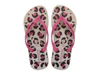 Pair of flip-flops with a pink and black leopard print design, featuring size 37 EUR / 04 UK.