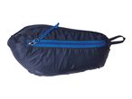 A dark blue compressible jacket with a bright blue zipper and drawstring.