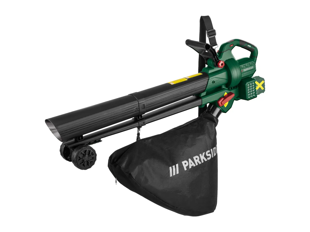 A green and black leaf blower with a collection bag and wheels.