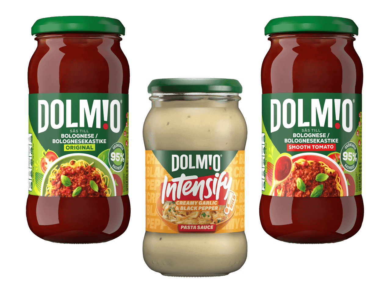 Kaksi tomaattipohjaista bolognese-kastiketta ja yksi kermainen valkosipuli-pippurikastike.