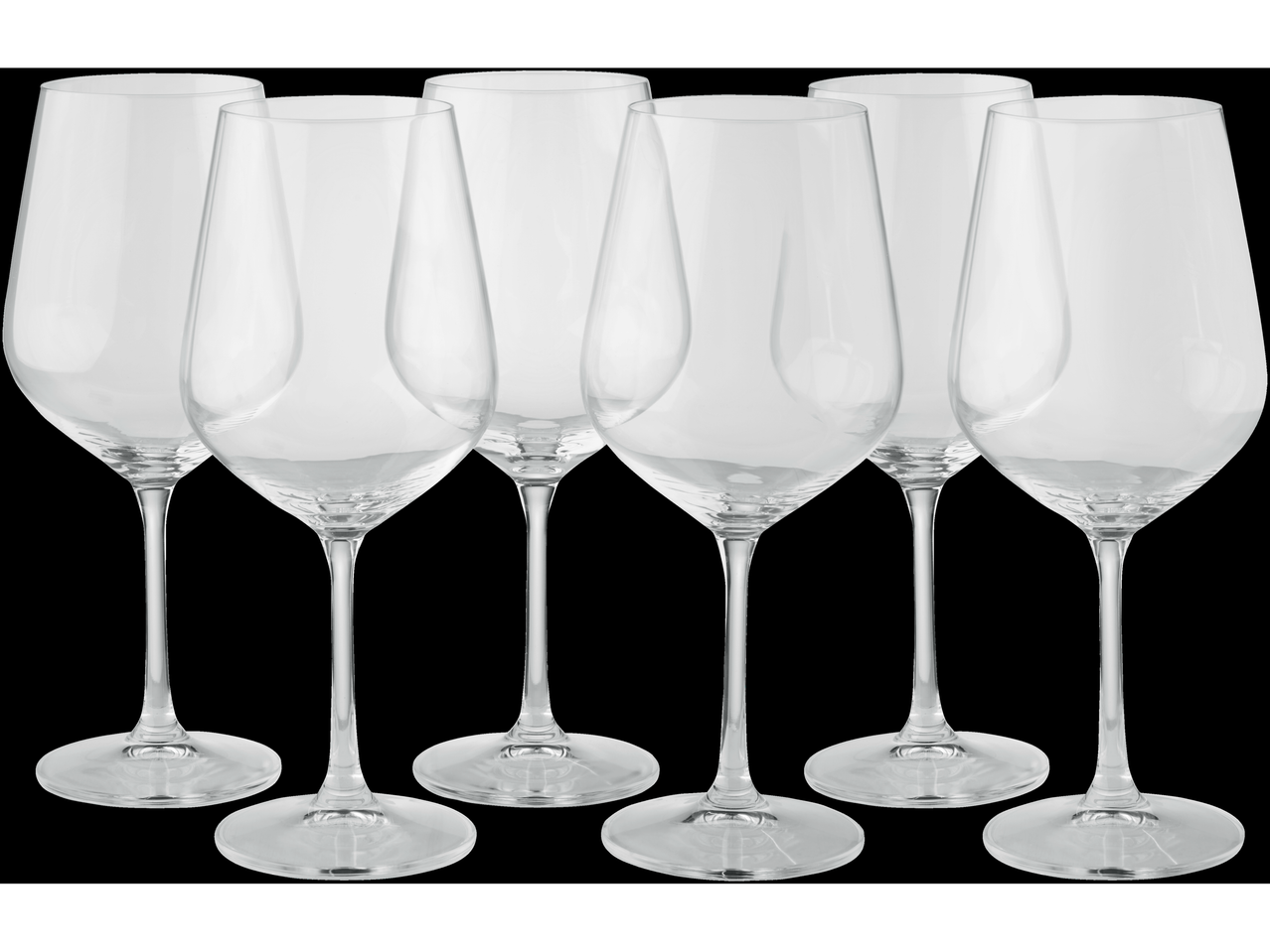 Seis elegantes taças de vinho de cristal.