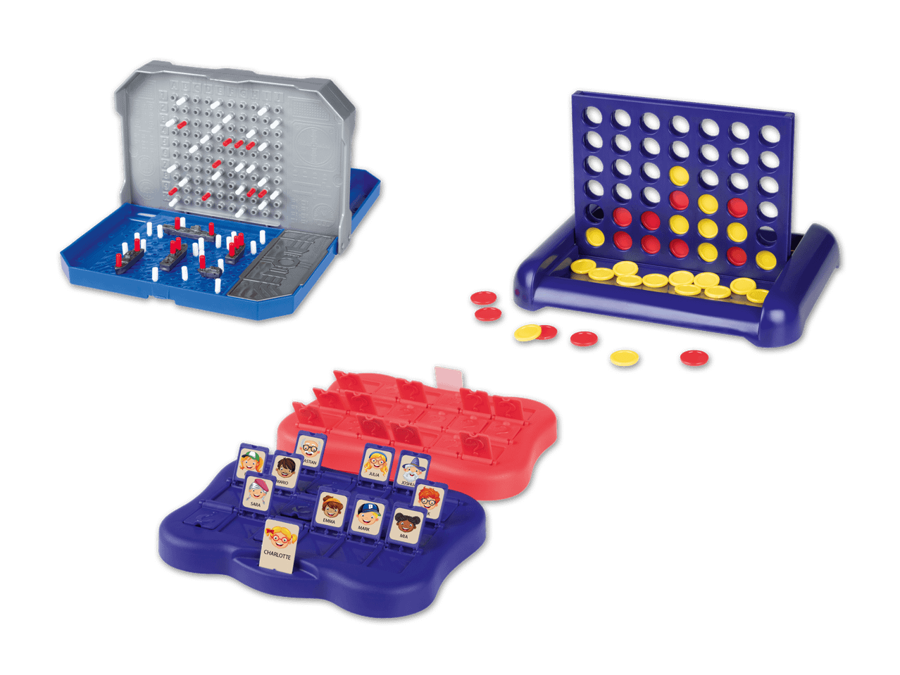 Drei klassische Reise-Gesellschaftsspiele:  Tic-Tac-Toe, Vier gewinnt und ein Kartenspiel.