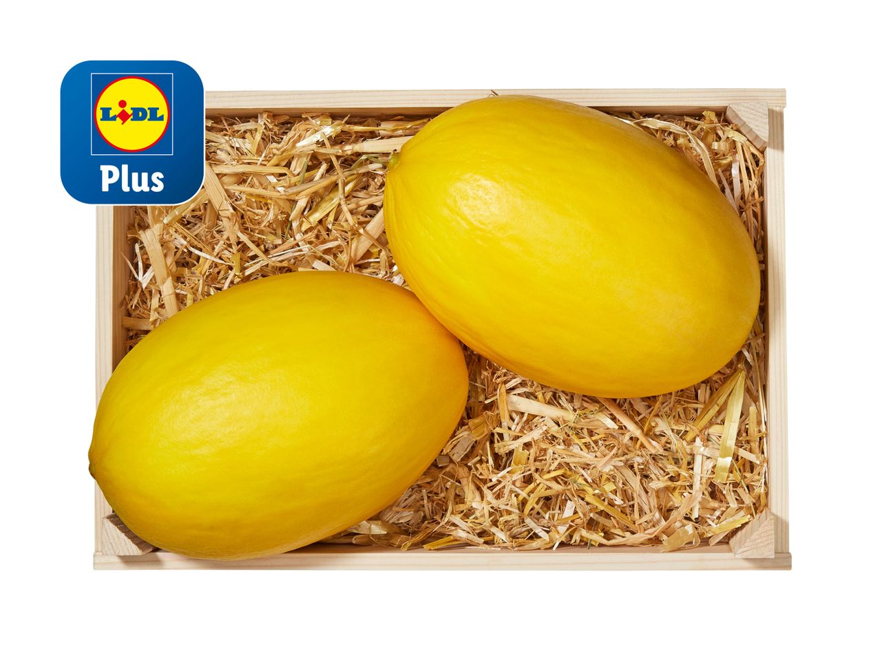 Zwei gelbe Melonen von Lidl Plus in einer Holzkiste.