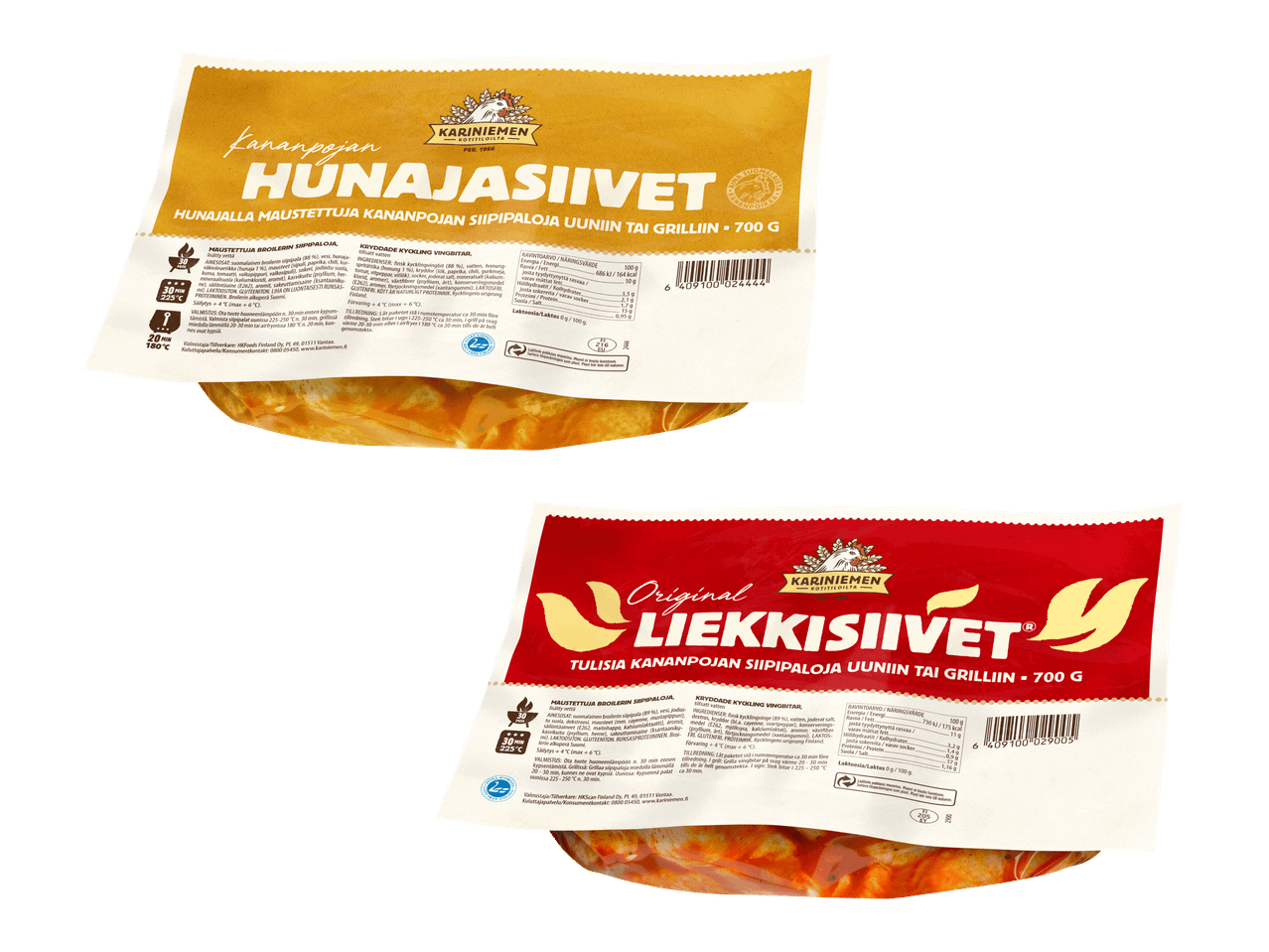 Kaksi Kariniemen kananpojan siipipalapakkausta: hunajasiivet ja liekkisiivet.